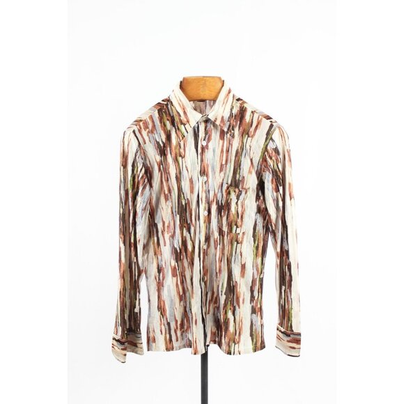 Vintage PAOLO CONTI Brown Grey Graphic Satin Jersey Button Down Shirt, Size L - Picture 1 of 12